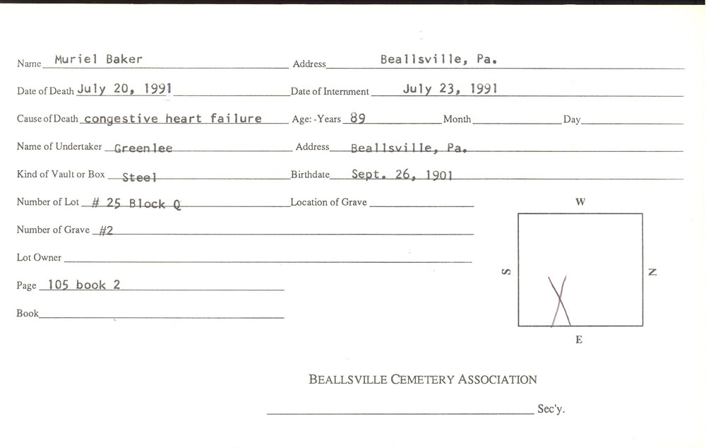 Muriel Baker burial card